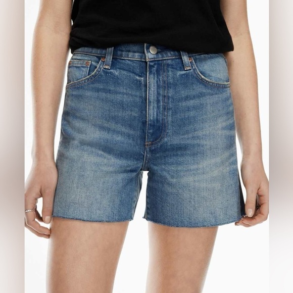 Aritzia DENIM FORUM medium wash denim shorts w rustic/distressed vibe - Picture 2 of 11